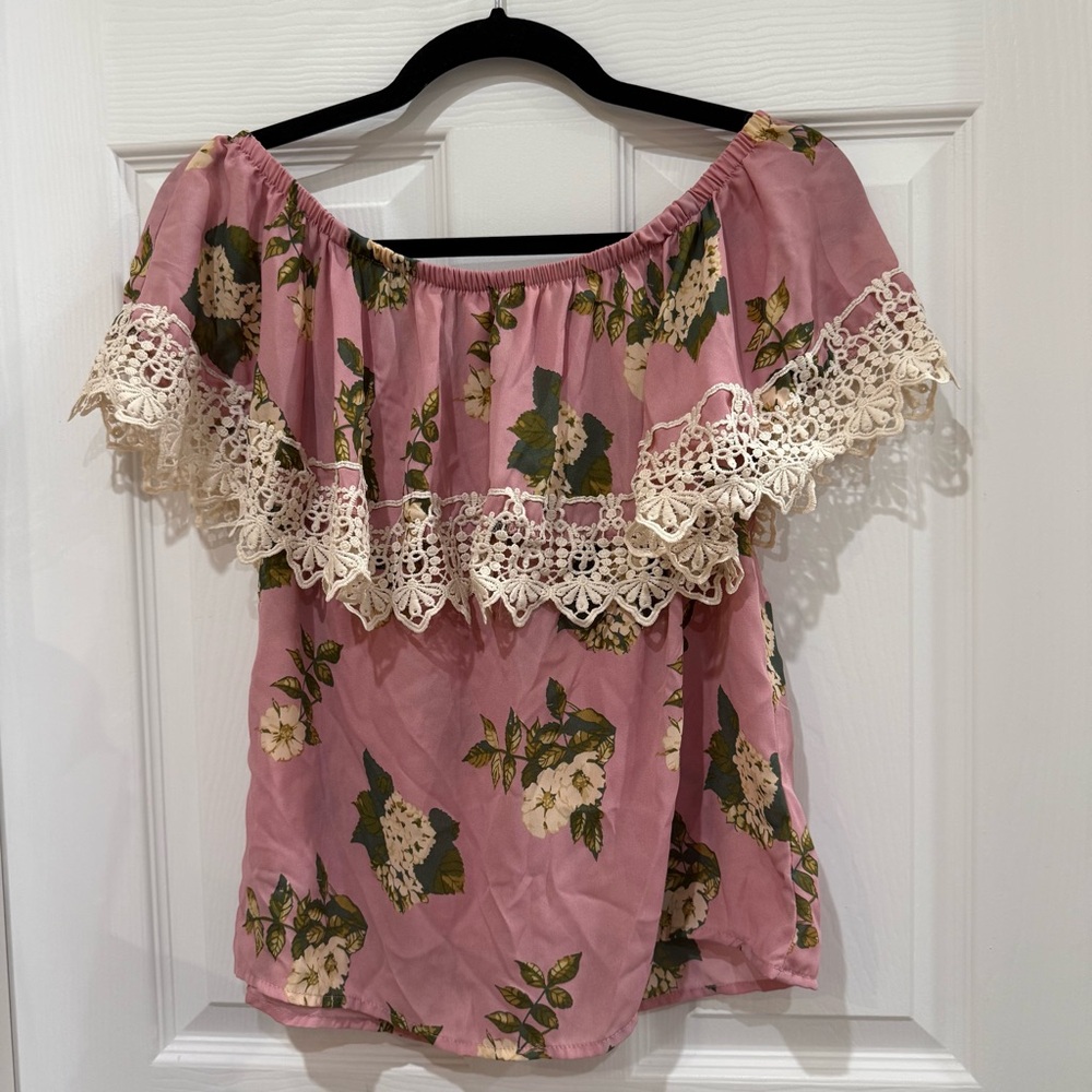 Pink Floral Print Off-the-Shoulder Top with Crochet Trim